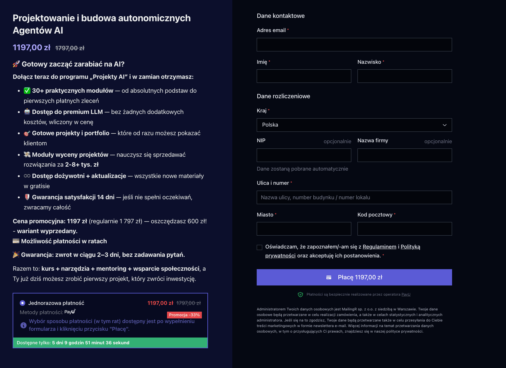 Formularz zamówienia z wypełnionymi danymi do płatności